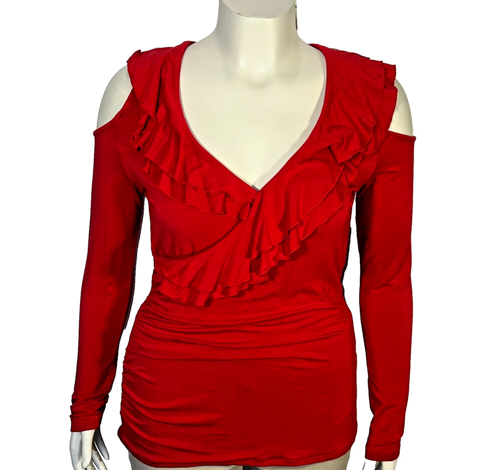 Boston Proper Red Blouse Top Womens L Ruffle V-Neck Wrap Front Long Sleeve